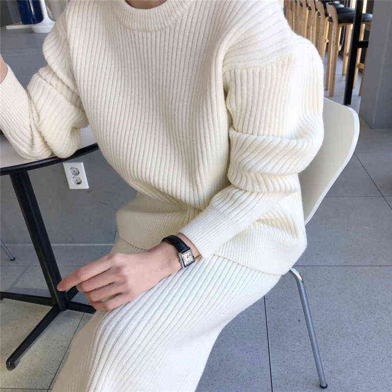 Survêtements pour femmes pull en tricot pour femmes jupe maxi 2 pièces ensemble solide doux pulls à col rond et jupes amples dames costume mode é