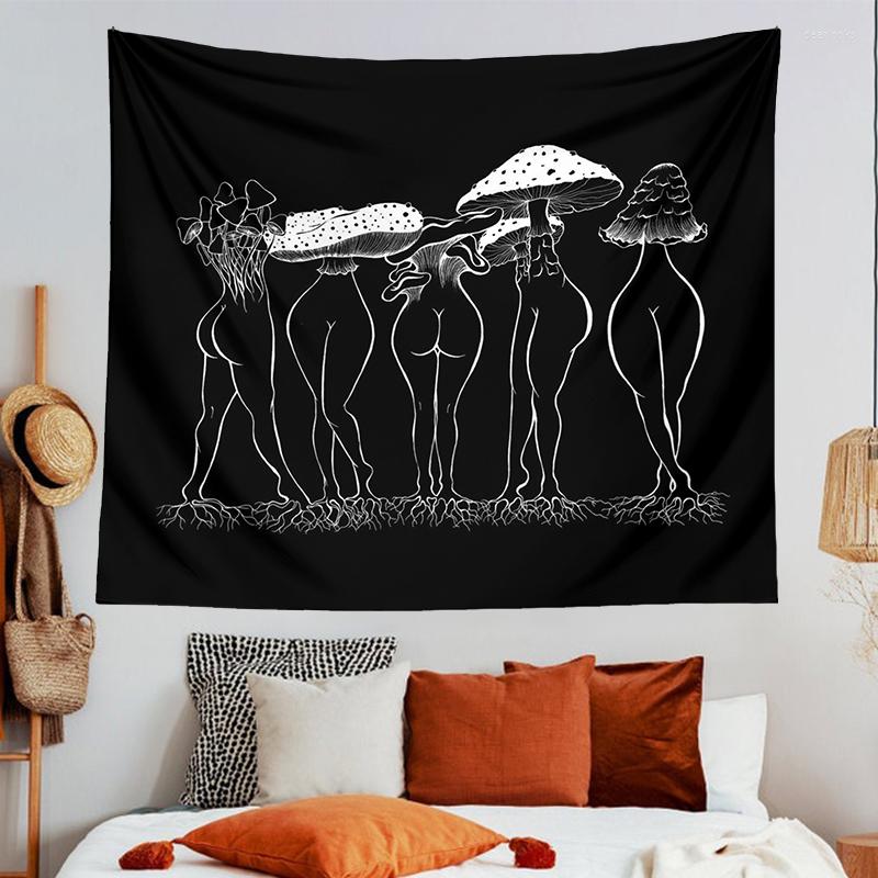 

Tapestries Mushroom Woman Tapestry Black And White Wall Hanging Bedroom Aesthetic Dorm Carpet Boho Decor Home Decoration Poster