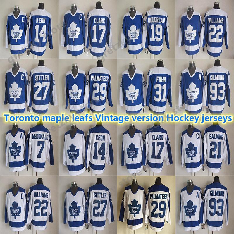 

college wearToronto maple leafs Vintage version Hockey jersey 17 CLARK 93 GILM0UR 14 KEON 31 FUHR 19 BOUDREAU 22 WILLIAMS CCM Hockey jerseys, Blue