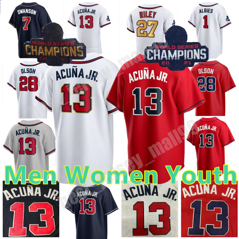 

Custom WS Gold Program Jersey 27 Austin Riley 13 Ronald Acuna Jr. 28 Matt Olson 7 Dansby Swanson Jorge Soler Deion Sanders 1 Ozzie Albies Jones Baseball Jerseys, Colour 7