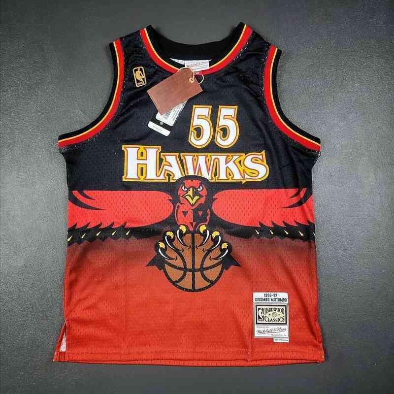 

Mutombo Mutomb Mitchell Ness 96 97 Hawks Jersey Youth Boy Basketball Jerseys Tall fat Man Big, With pictures