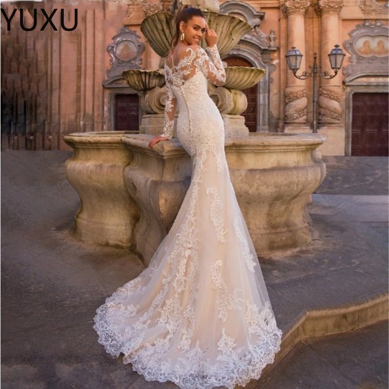 2023 Arabic Mermaid Wedding Dresses Bridal Gowns With Detachable Train Long Sleeve wed dress-image-795628003