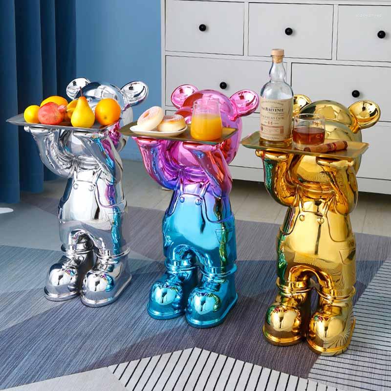 

Decorative Figurines Cartoon Bear Statue Electroplated Fashion Sculpture Tray Storage Animal Modern Art Resin Home Decor Crafts Ornaments