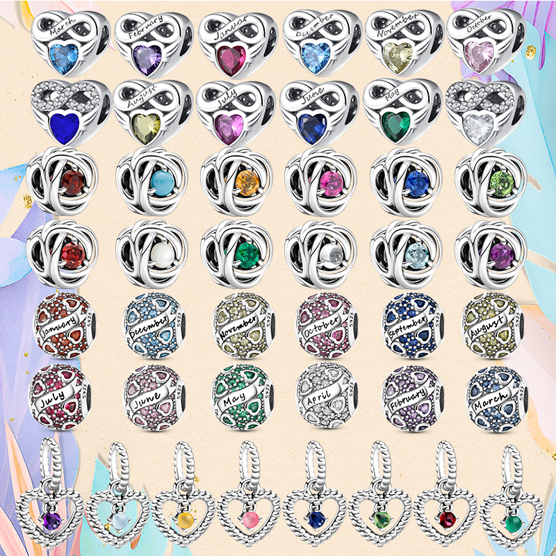 

925 Silver bead fit Charms Pandora Charm Bracelet Birthstone Month Charms Birthstone Round charmes ciondolo DIY Fine Beads Jewelry