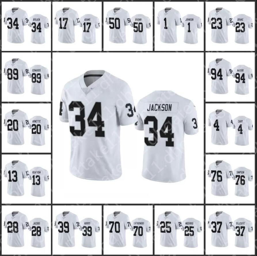 

Jersey Las Vegas''Raiders''Men #4 Derek Carr 28 Josh Jacobs 34 Bo Jackson 17 Davante Adams 13 Hunter Renfrow Women Youth Custom White, Custom men+patch(t x z)