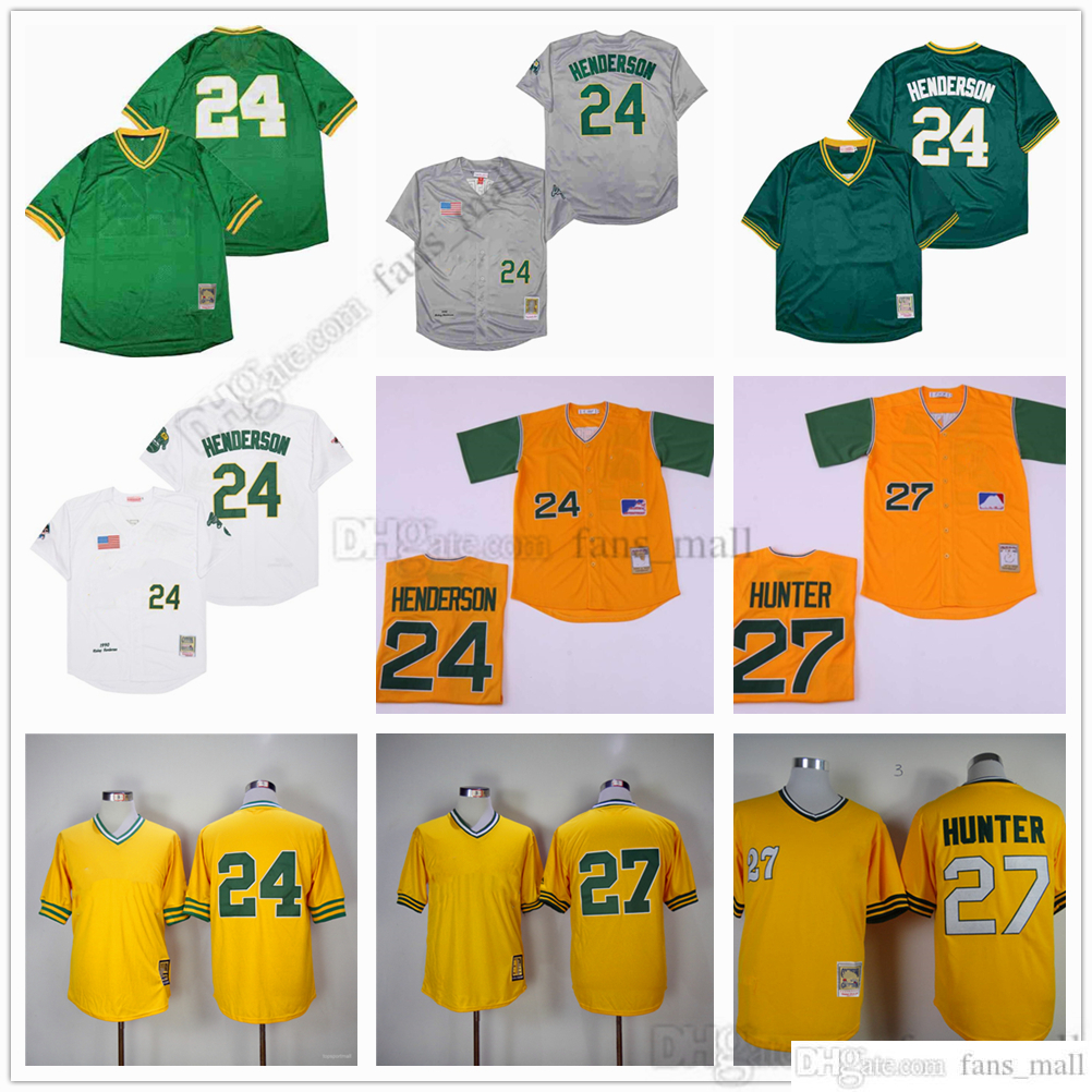 

Man Mitchell and Ness Baseball Jersey Vintage 24 Rickey Henderson Jersey 27 Catfish Hunter Stitched Breathable Sport Sale High Quality Man Yellow Beige green, As picture (with team name)