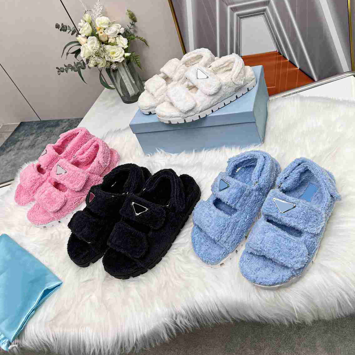 

Designer women Sandals fashion terry cloth mules flat slippers winter warm rubber slide sandals Claquettes En Tissu size 35-41, 36