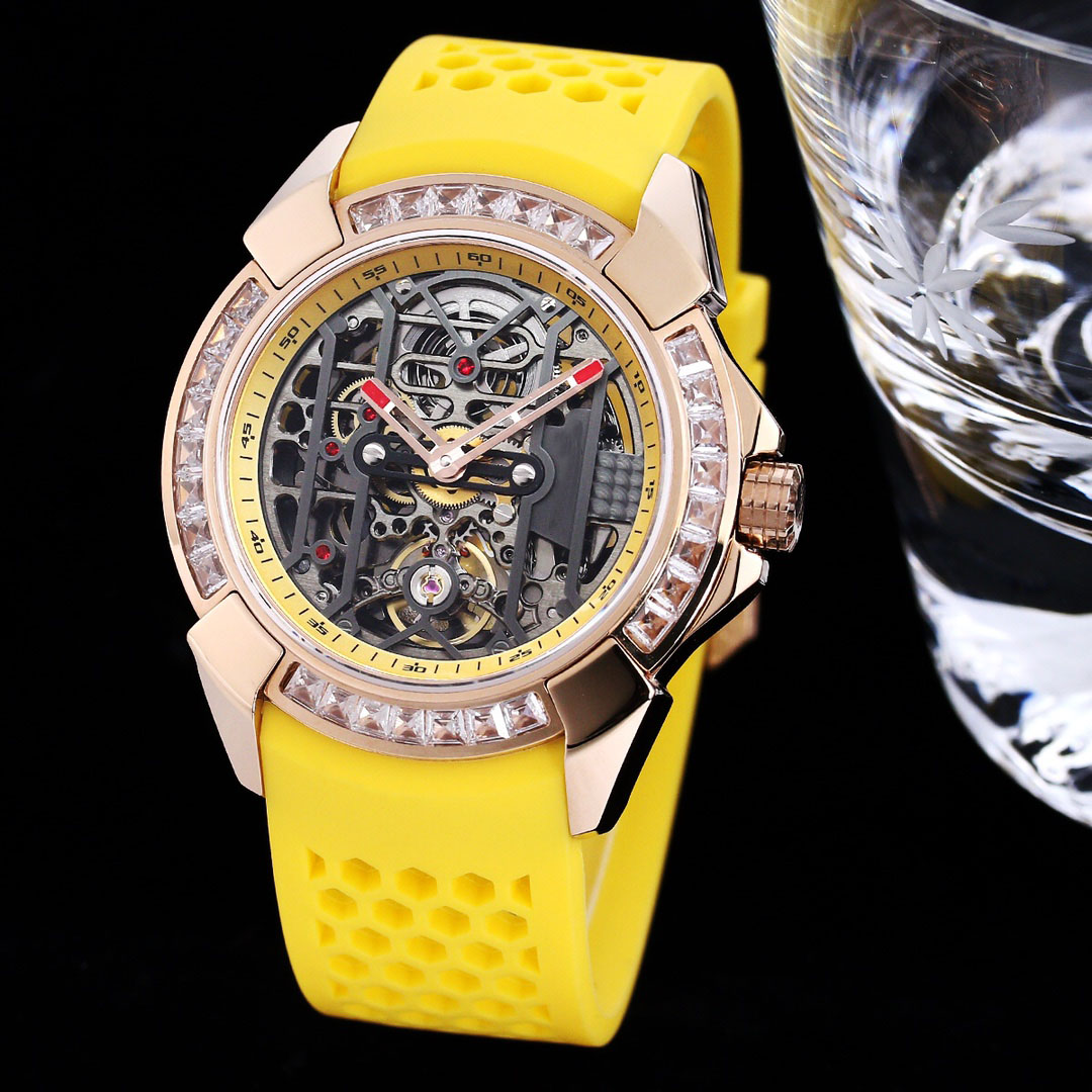 

Mens Luxury Automatic Mechanical Watches Iced Out diamond Bezel With Rubber Strap diamond skeleton tourbillon Wristwatch, Red strap/silver