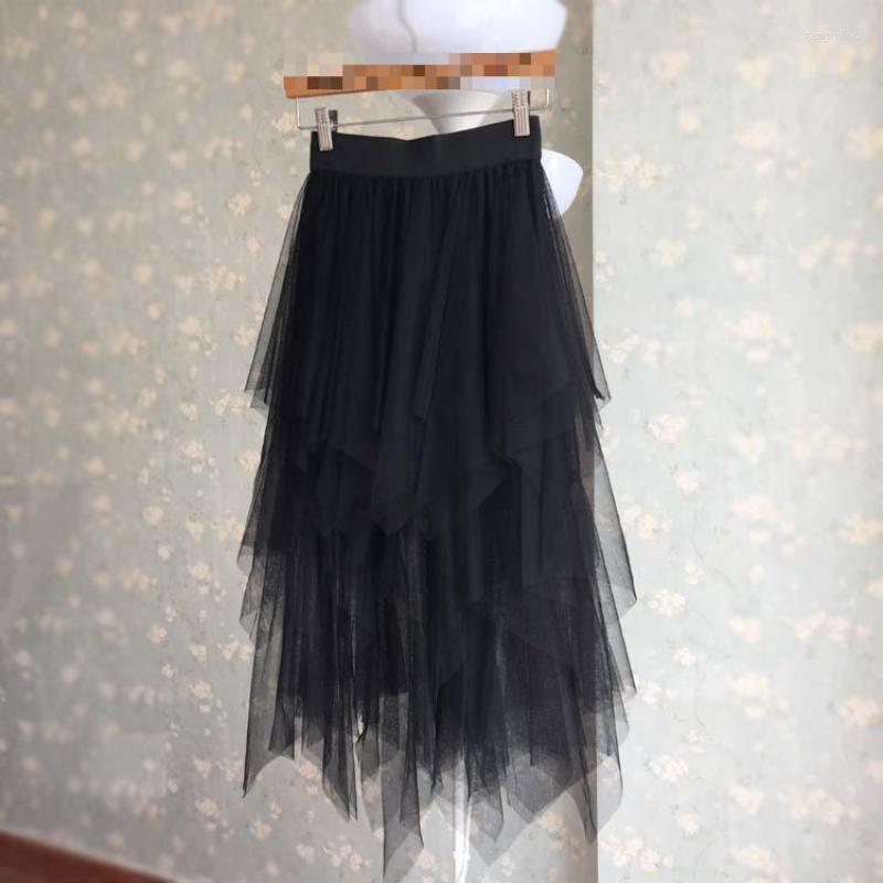 

Skirts 2022 Summer Elastic High Waist Slim Mesh Skirt Retro Black Simple Casual Women Irregular A-line Long