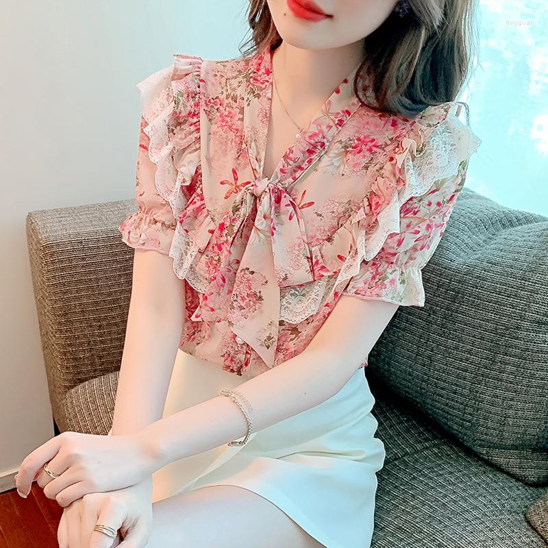 

Women' Blouses Lace Fashion Shirt Women 2022 Summer French Retro Floral Chic Elegant Top, Photo color