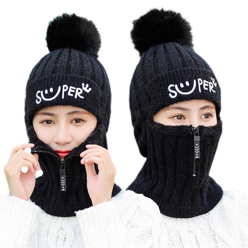 

Beanie Skull Caps Women Winter Knitted Beanie Balaclava Hat Letters Embroidery Faux Fleece Lined Zipper Face Mask Neck Warmer Outdoor S2927