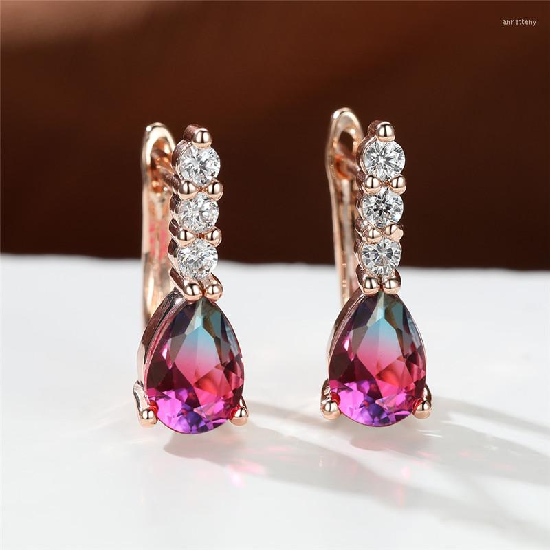 

Backs Earrings Luxury Female Rainbow Zircon Rose Gold Color Clip For Women Charm Crystal Water Drop Wedding
