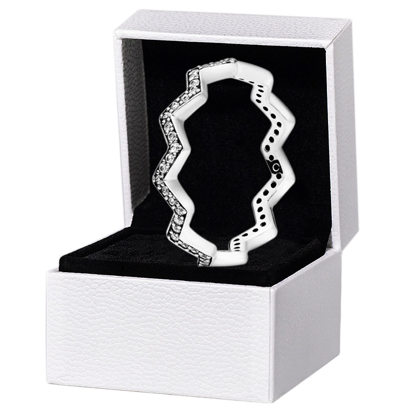 

Women Mens Shimmering Zigzag Ring 925 Sterling Silver Full CZ diamond Wedding Jewelry For pandora girlfriend Gift Rings with Original Box Set