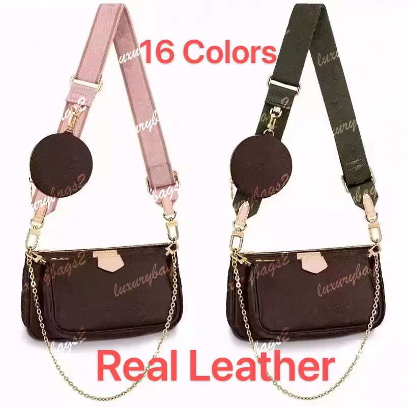 

5A Women Luxurys Designers Bags Wallet Multi Pochette Purse Fashion Bag Crossbody Genuine Leather 3 Pcs set Floral Chains clutch shoulder messenger woman cross, Brown flower-blue strap