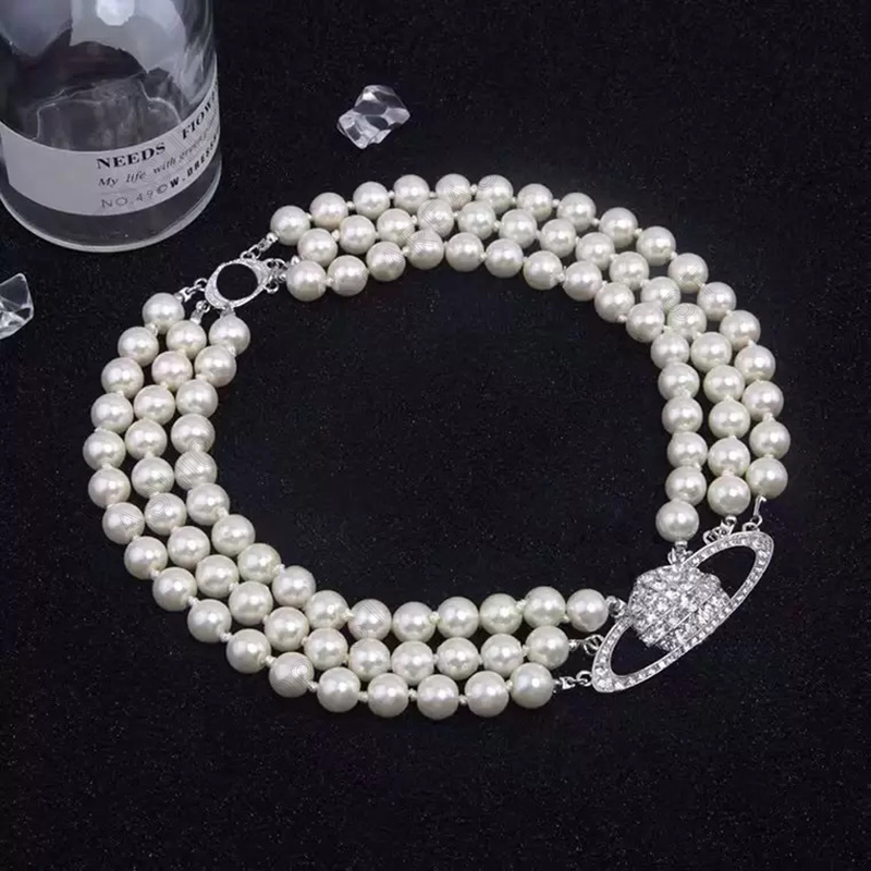 Colliers de saturne Collier de tennis en diamant perlé femme Placage argent Placing triples chaînes vintage style de style tendance desigenr bijo