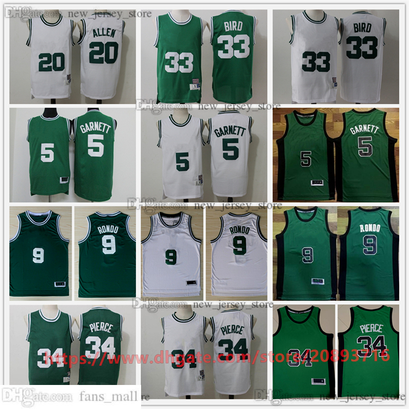 

Vintage Basketball Jerseys Stitched 33 Larry 34 Paul Bird Pierce 20 Ray 5 Kevin Allen Garnett Rajon 9 Rondo Jersey White Green Black Retro Breathable Sport shirts, As picture (with team logo)