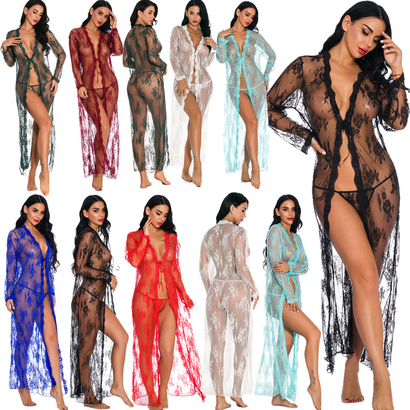 

New Sexy Set Erotic Hot Perspective Lace Lingerie Women Babydoll Kimono Robe Sexy Underwear Plus Size Porno Sexy Costumes, Multi-color