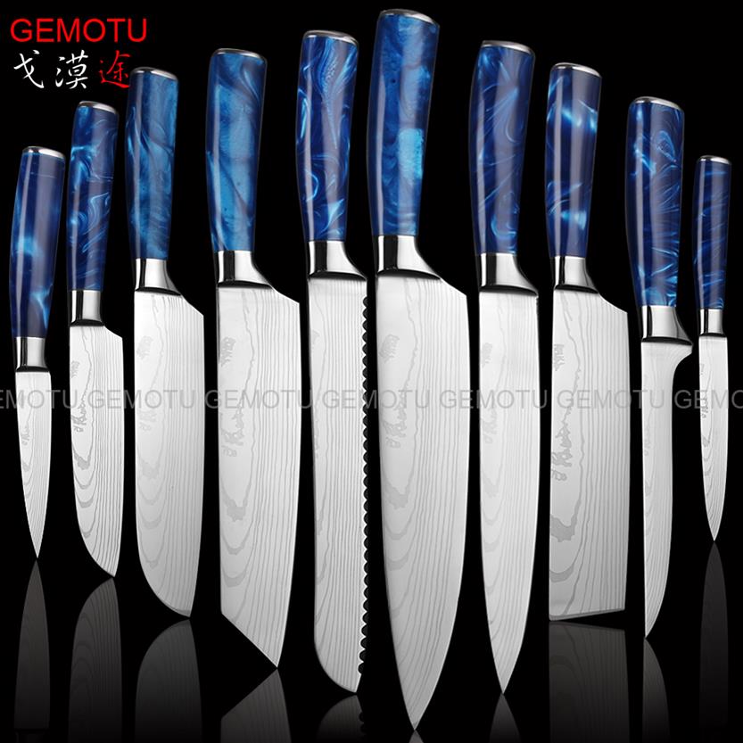 

New 10pieces set 7CR17mov Japanese Kitchen Knives Laser Damascus Pattern Chef Knife Sharp Santoku Cleaver Slicing Utility Knives Tool E223r
