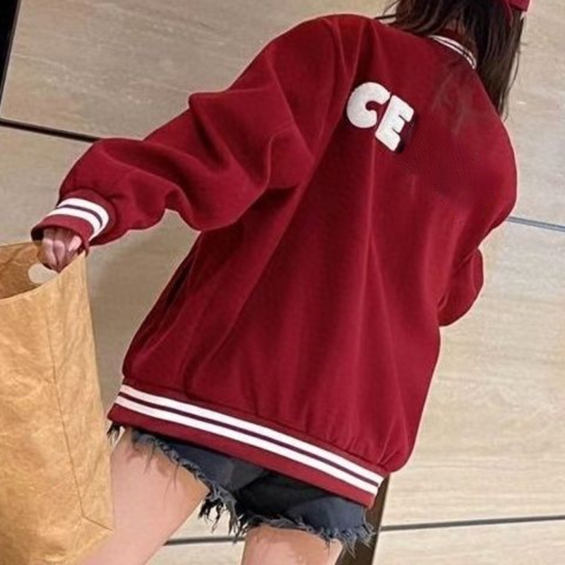 

CE baseball jacket men's towel embroidered stand-up collar jacket couple jacket casual shirt, Wine