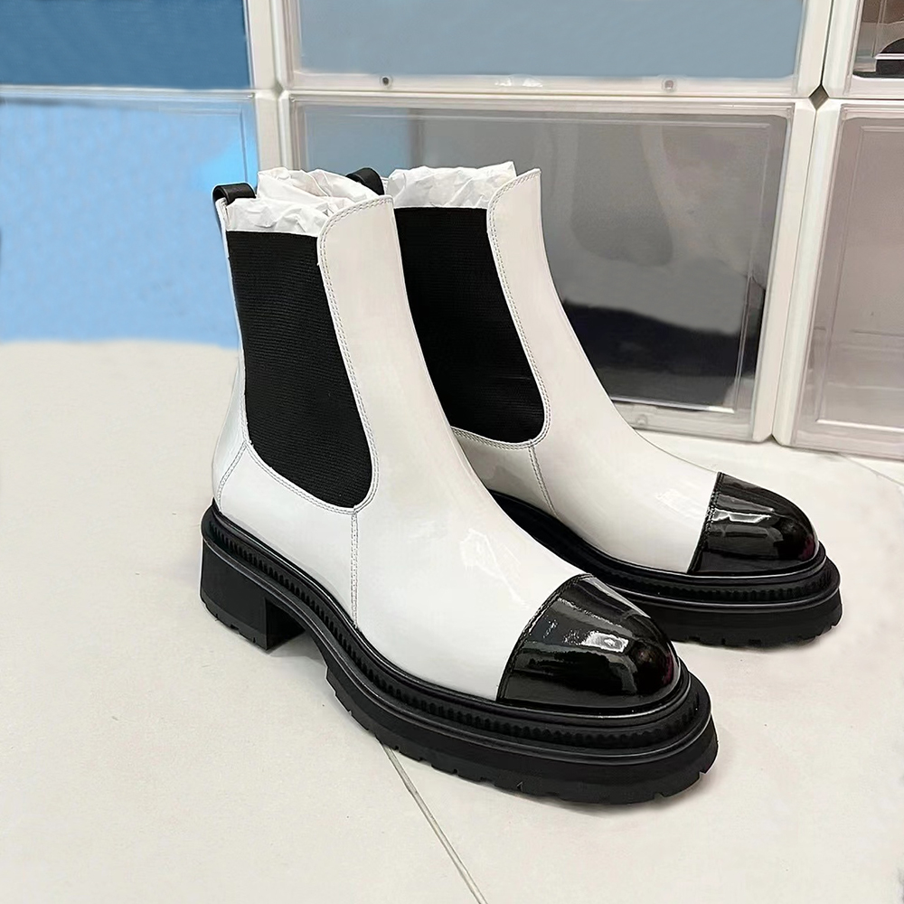 

Black and white smooth leather Ankle Chelsea Boots platform slip-on round Flat booties chunky half boot luxury designer women Thick heeled Knight Boots