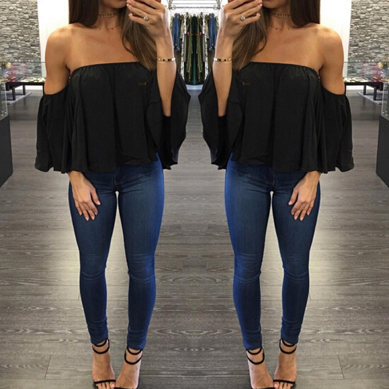 

2022082711 Fashion T shirt Women Summer Chiffon Slash Neck Solid Butterfly Sleeve Clothes Off Shoulder Loose Casual T Shirt Tops, Black