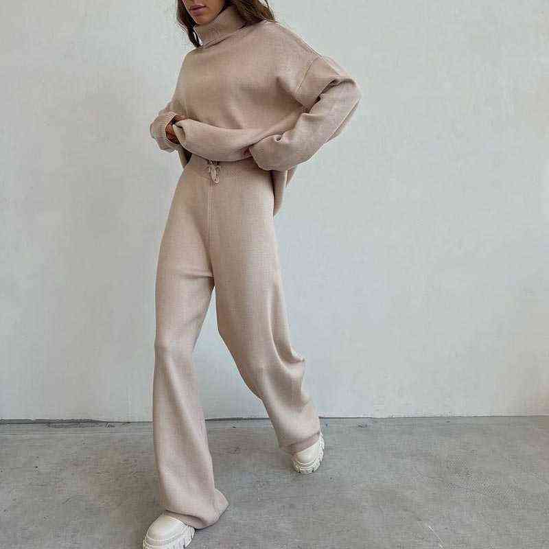 Women's Tracksuits 2021 Autumn Winter 2 Pieces Women Sets Knitted Tracksuit Turtleneck Pullover Sweater And Wide Leg Jogging Pants Pullover