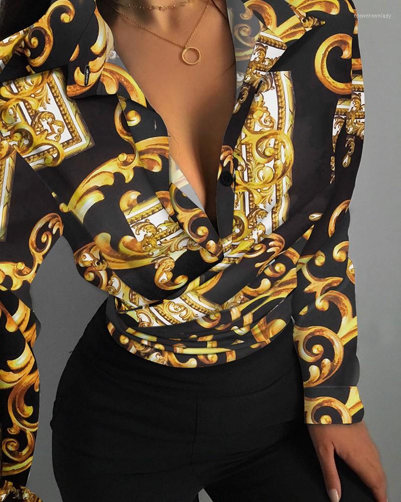 

Women' Blouses Spring Long Sleeve Printed Shirt Women Fashion Casual V-Neck Button, Dark grey