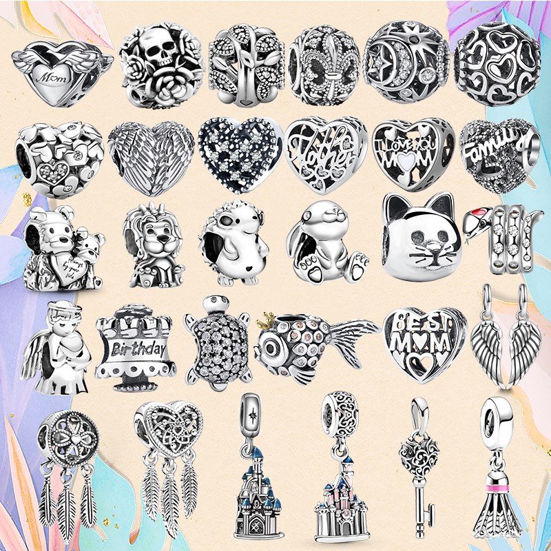 

925 Silver bead fit Charms Pandora Charm Bracelet Openwork Vintage Charm Retro Heart Oxidation Round charmes ciondoli DIY Fine Beads Jewelry