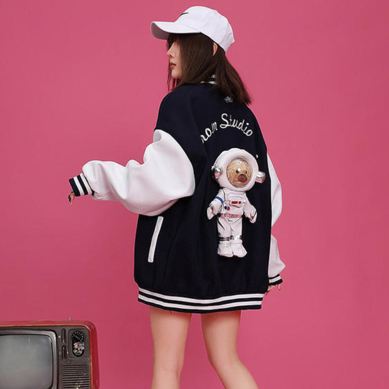 

Women's Fur Faux Bomber Jacket Fashionable Baseball Released University style Astronaut Toys Dripping Autumn Streetwear Vintage 220829, Black