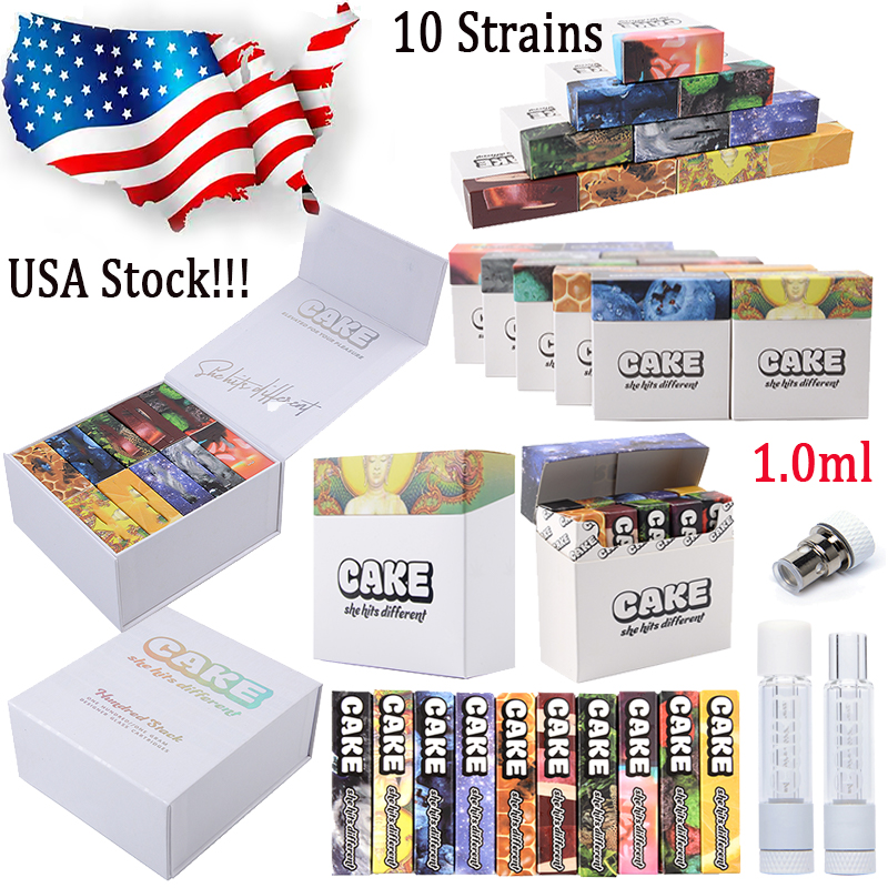 

Stock In USA 10 Strains Cake Vape Cartridges Atomizers Empty Glass Carts Thick Oil Dab Pen Wax Vaporizer 510 Thread Press On Tip Cartridge 500pcs Wholesale