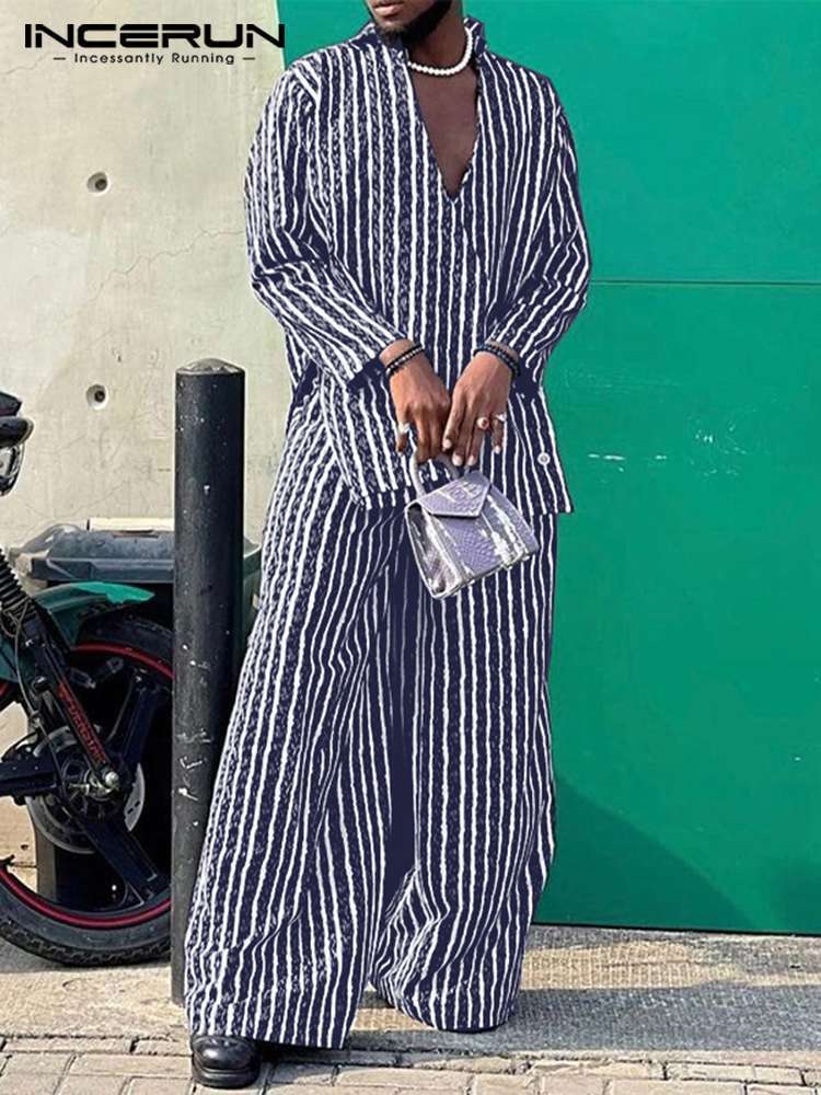 

Men  Tracksuits Sets Striped Print Loose V Neck Long Sleeve Double Breasted Shirt Pants Streetwear Fashion Casual Suits INCERUN 7 220829, Navy