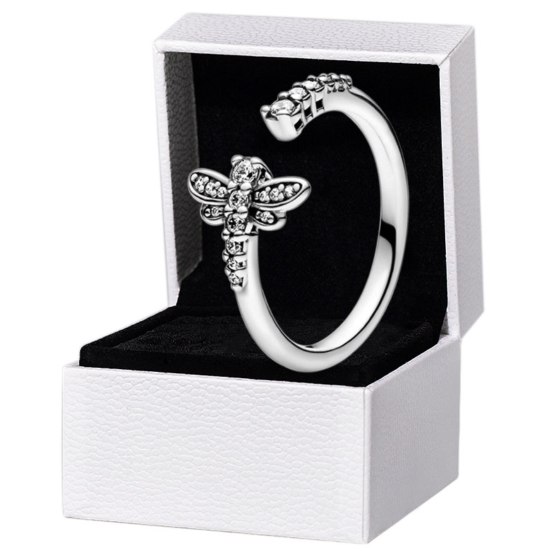 

Sparkling Dragonfly Open RING Authentic 925 Sterling Silver Women Girls Wedding designer Jewelry for pandora CZ diamond Rings with Original Box Set