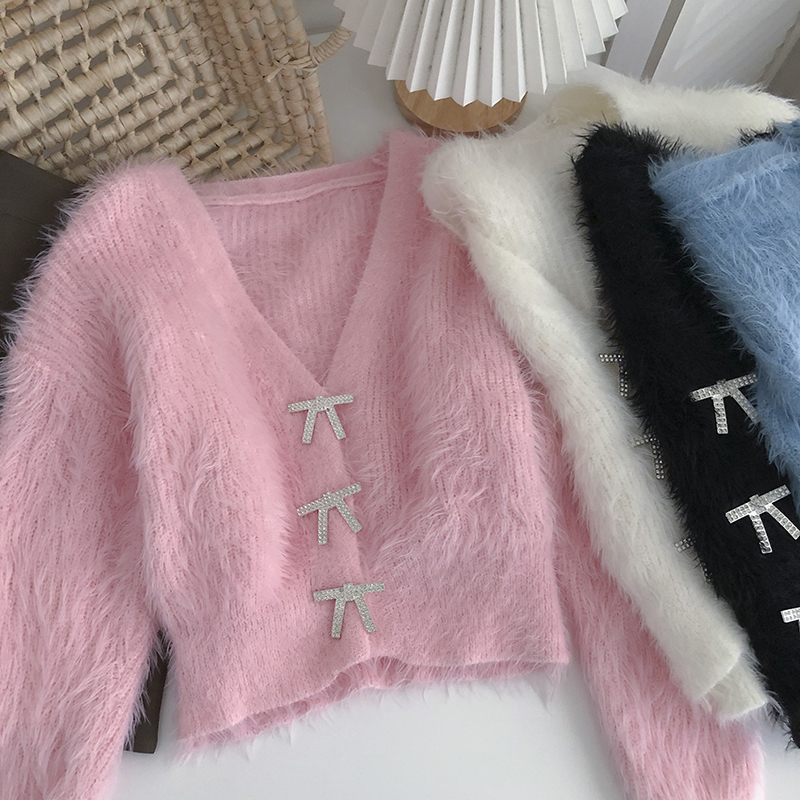 Women's Jackets Sweaters Women Jumpers Autumn Sweet Wild V Long Sleeve Pink Cardigan Short Mohair Coat Pull Gentle Waterproof Mink 220827