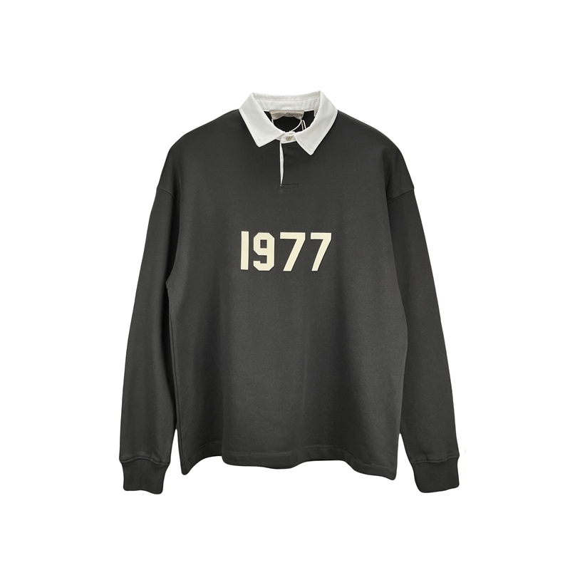 

essentials hoodies hooded for mens god of fear fog double thread essential flocking 1977 digital printed vertical Lapel polo sweater, Iron black