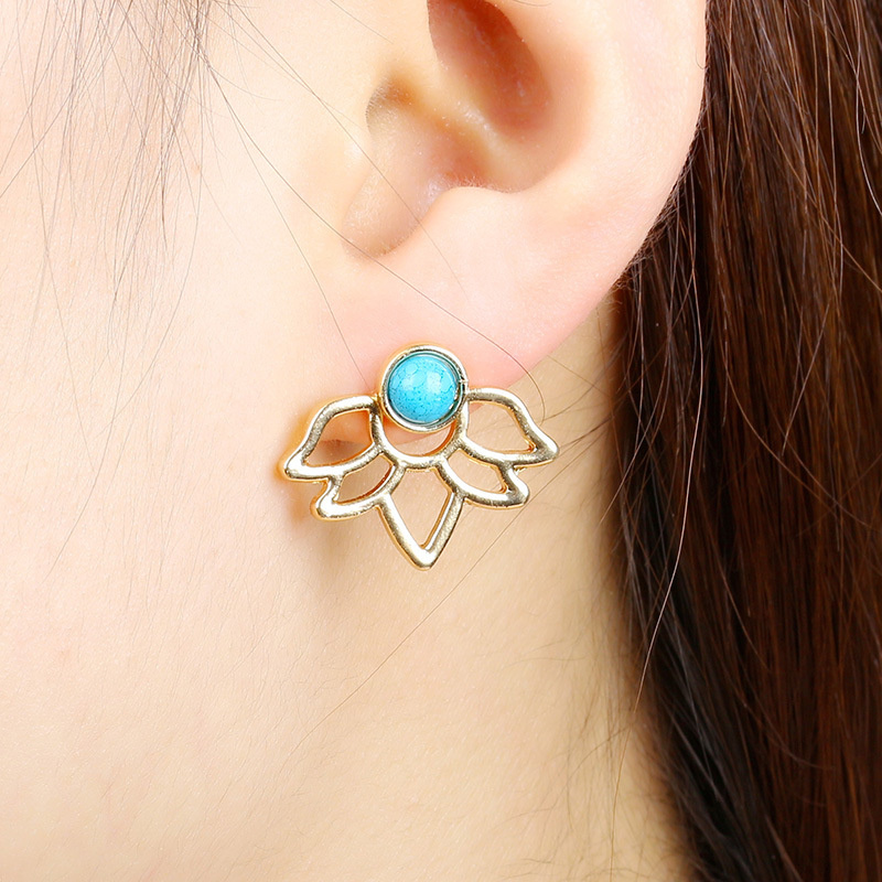 

Women Turquoise Lotus Stud Earrings Hollow Out Alloy Flower Ear Nail European Female Gold Drop Earring Banquet Dress Wearing Jewelry Accessories