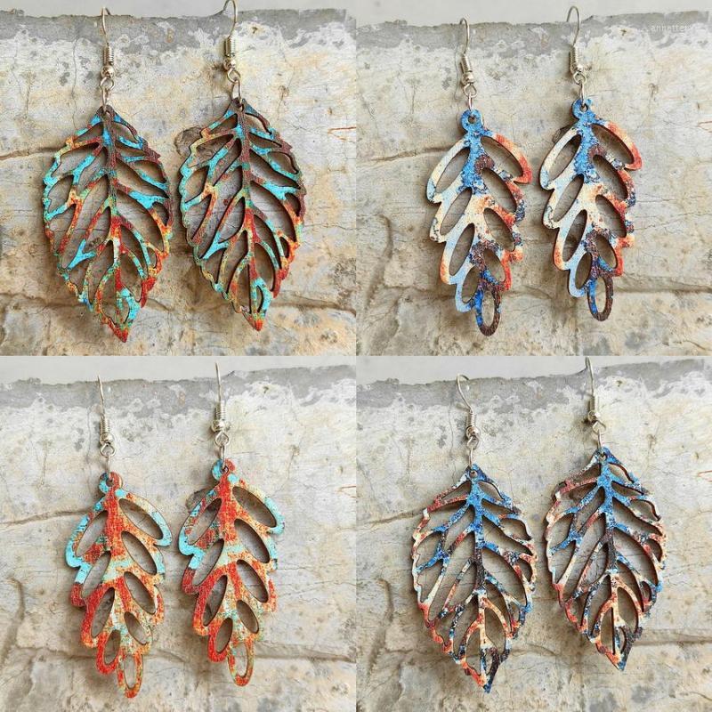 

Dangle Earrings Vintage Mottled Wooden Leaves For Women 2022 Arrival Boho Colorful Leaf Wood Jewelry Wholesale