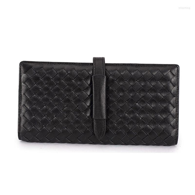 

Wallets Brand Slim Sheepskin Weave Wallet Women Purse Pumping Belt Genuine Leather Long Plait Lambskin Female Clutch Money, Black