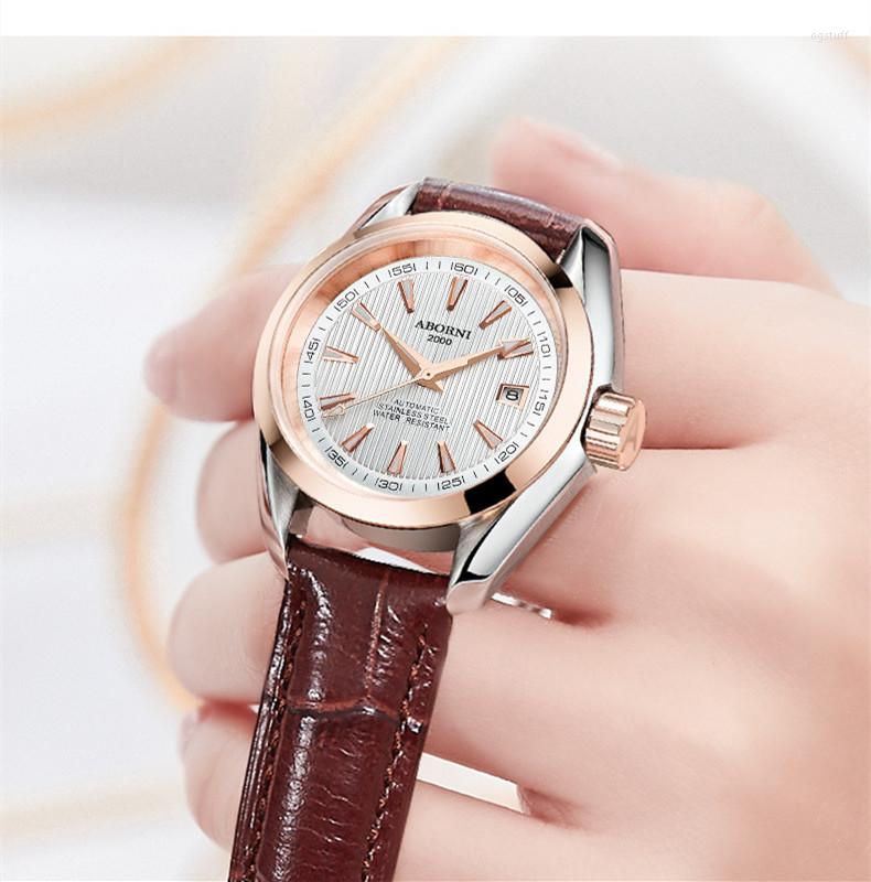 

Wristwatches Brown Women's Automatic Watches Skeleton Fashion Business Luxury Mutlicolor Leather Steel Strap Waterproof Female Wrist, Silver steel strap