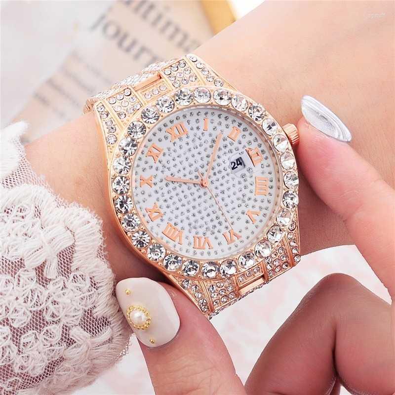 

Wristwatches Men Women Watch Luxury Date Quartz Bling Full Rhinestones Watches Cuban Hand Chain Fashion Jewelry, Gold