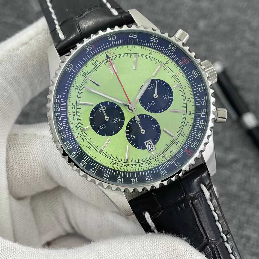 

B01 46MM Quality Navitimer Watch Chronograph Quartz Movement Steel Mint Green Black Dial 50TH ANNIVERSARY Men Watch Leather Strap Mens
