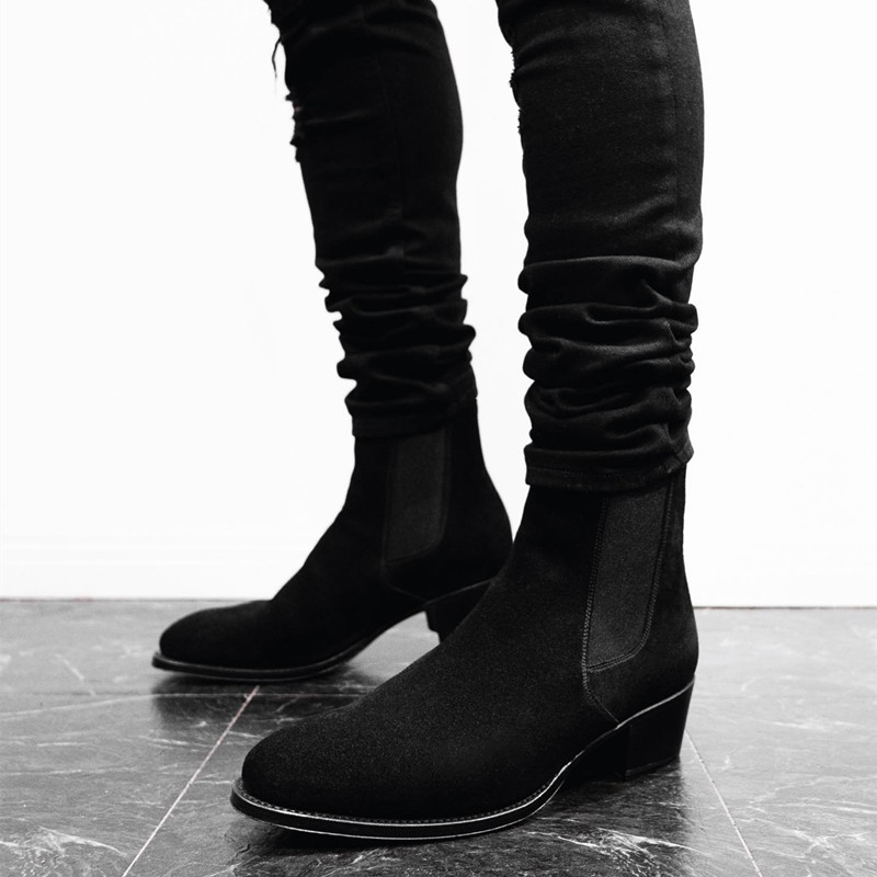 Stivaletti Chelsea da uomo Fashion Black Flock Business Scarpe da uomo fatte a mano alla caviglia Slip on Solid
