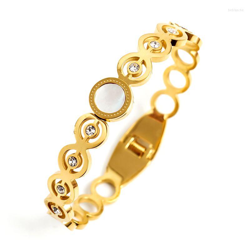 

Bangle Luxury Cubic Zircon Crystal Open Cuff Bracelets Jewelry Round White Shell Disc Gold Color Stainless Steel Bracelet &