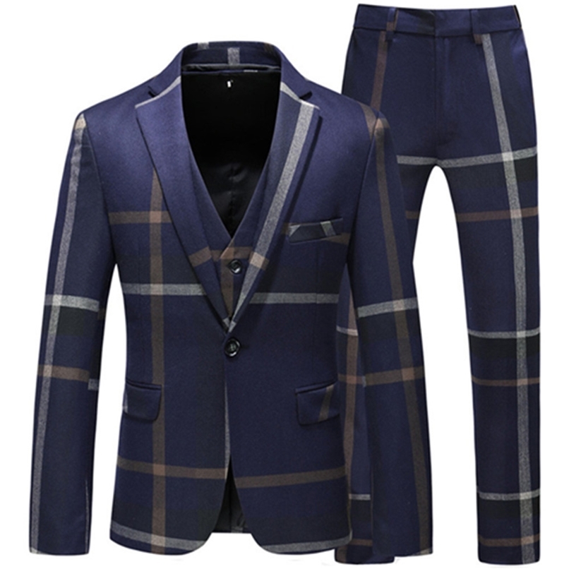 Mens Suits Blazers Jacket Vest Pants High Quality Men Suits Fashion Grid Men Slim Fit Business Groom Wedding Plaid Blazers Coat 3 Pieces Sets 220