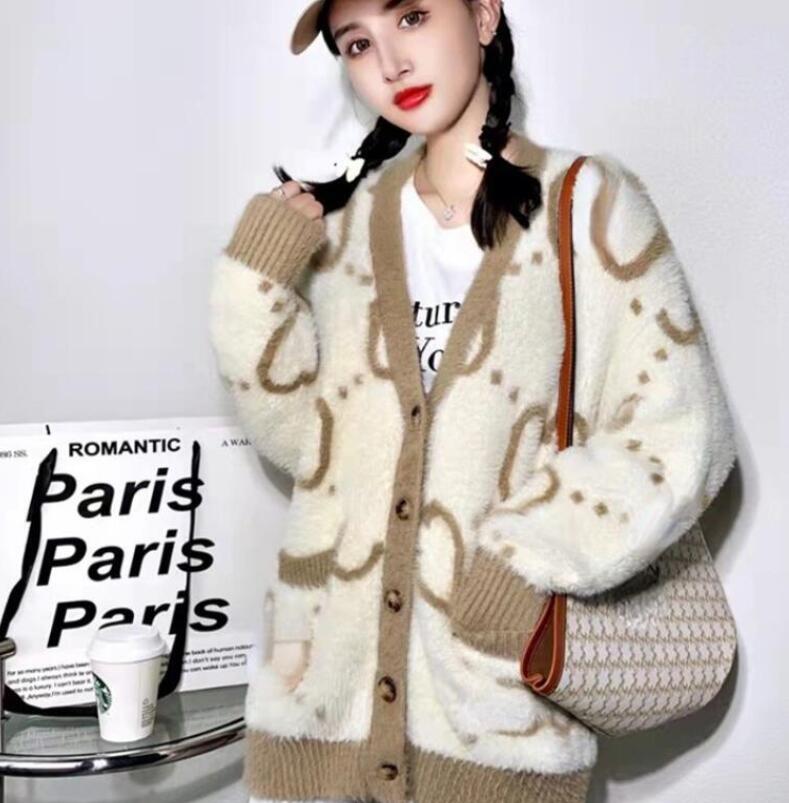 

Women Sweaters WGG Girl Fall Winter Cardigans Full Sleeve V Neck Basic Knitwear Rainbow Jacket Loose Tops, Beige