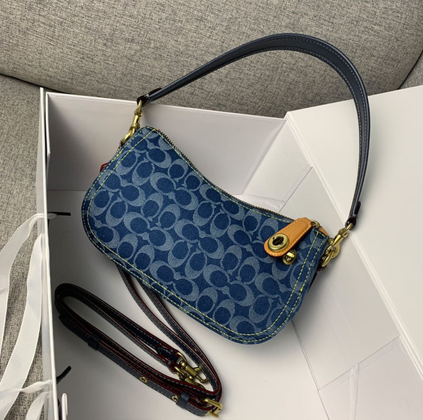 

Coch Womens Bags Orlai denim blue single shoulder crescent bag jacquard swinger mahjong small squareA46K