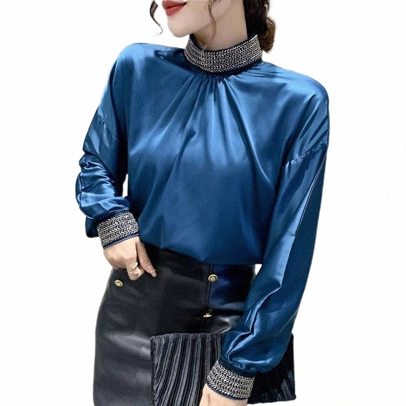 

Women's Blouses & Shirts women's Blouses & Shirts 2022 Spring Stand Collar Shirt Women Embroidery Chain Beading Satin Blouse Pullover Long Sleeve Tops Luxury Femme H44g#, Apricot