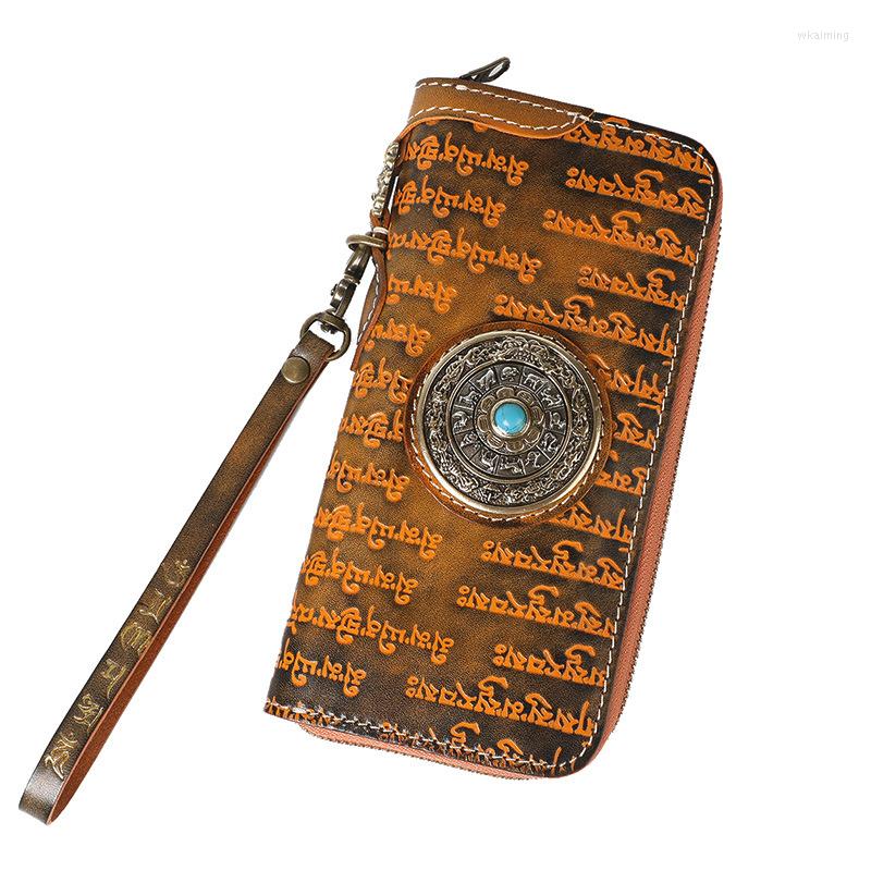 

Wallets YourSeason Women National Style Cow Leather Hand Wallet 2022 Vintage Men Ladies Tibetan Scripture Long Card Holder, Black