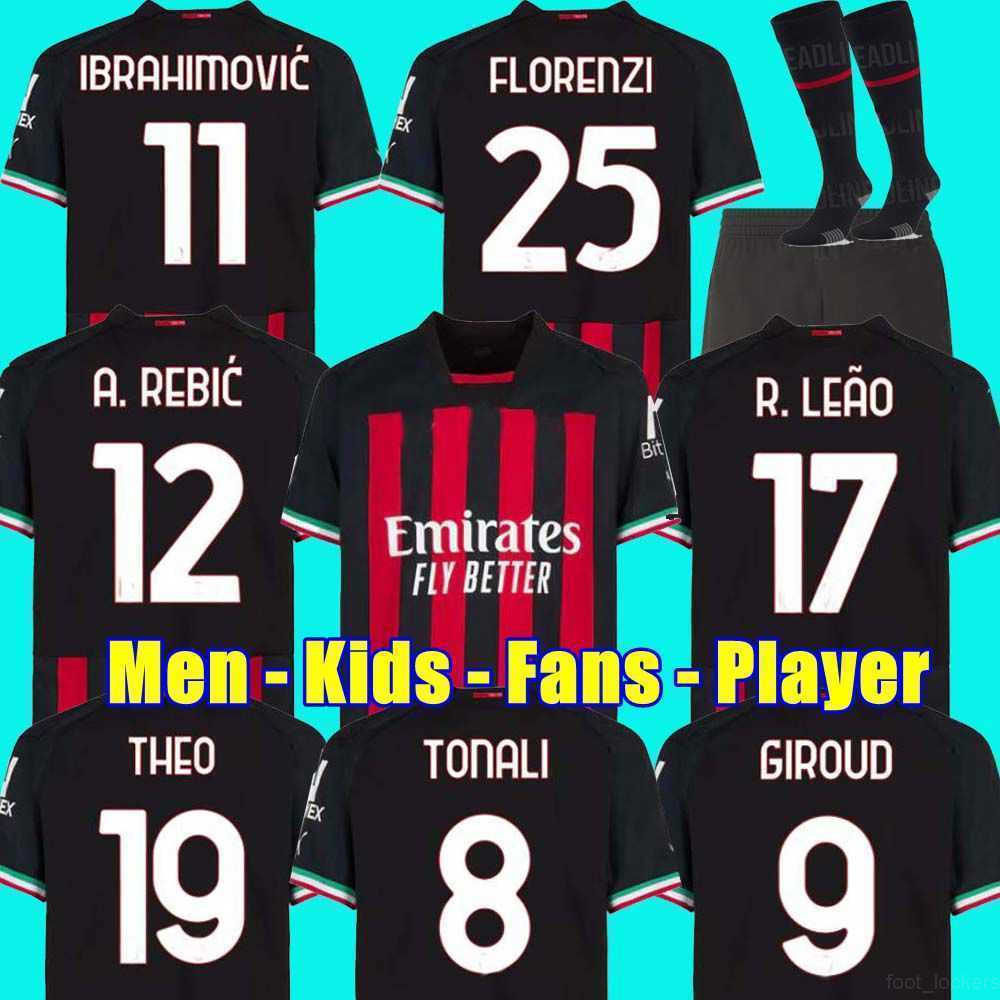 Fans player IBRAHIMOVIC 21 22 23 soccer jersey AC MILANS GIROUD R.LEAO BENNACER Theo ROMAGNOLI FLORENZI TONALI REBIC 2022 2023 football black-image-796249782