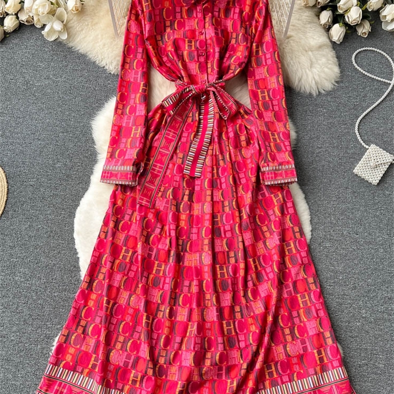 Robes décontractées Aibeautyer Vintage Summer Floral Print Slim Full Lady Dress Une ligne col rabattu en mousseline de soie pull mi-mollet femmes