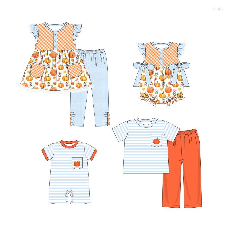 Ensembles de vêtements 2pcs Baby Girls Vêtements Pure Coton Ternites Pumpkin broderie Jaunes et blancs à rayures Shorts Enfants Boutique